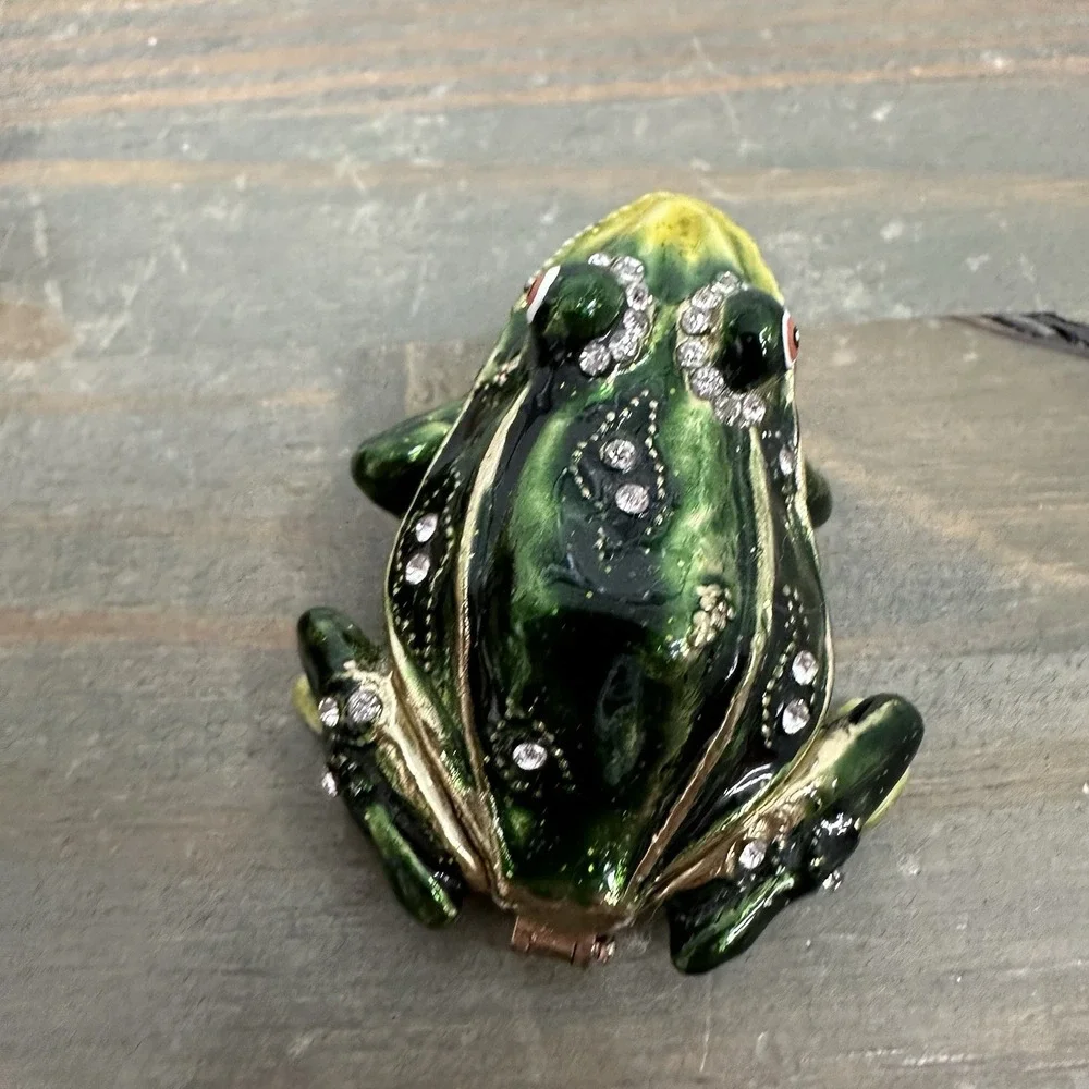 Jeweled Frog Trinket Box Green Yellow Rhinestone Enamel Hinged Mini Figurine